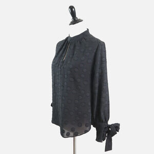Ann Taylor Size Petite M Keyhole Neck Blouse Tie Black Polka Dot